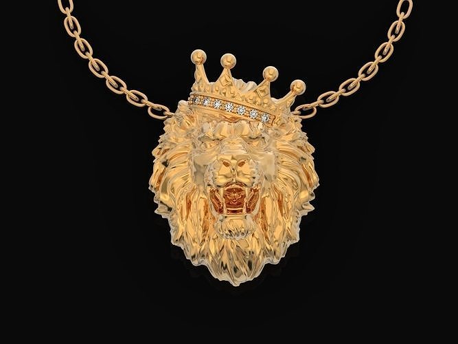 pendant lion head king crowned men 2695 gold jewelry luxury silver crown wild necklace diamond pendants 3D print model - Mito3D