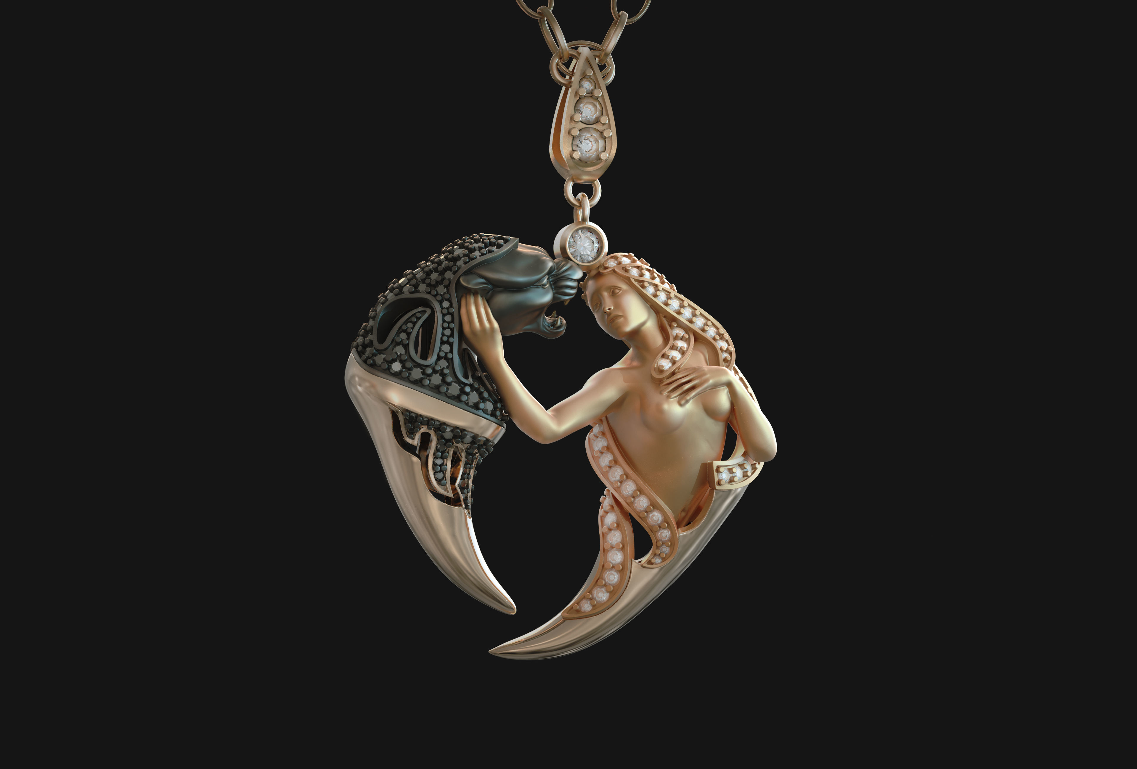 pendentif magerit instinto 3d impression modèle bijoux argent or imprimable rhinocéros zbrush sculpter fille lion torsion sterling diamant bague gemme pendentifs 3D print model - Mito3D