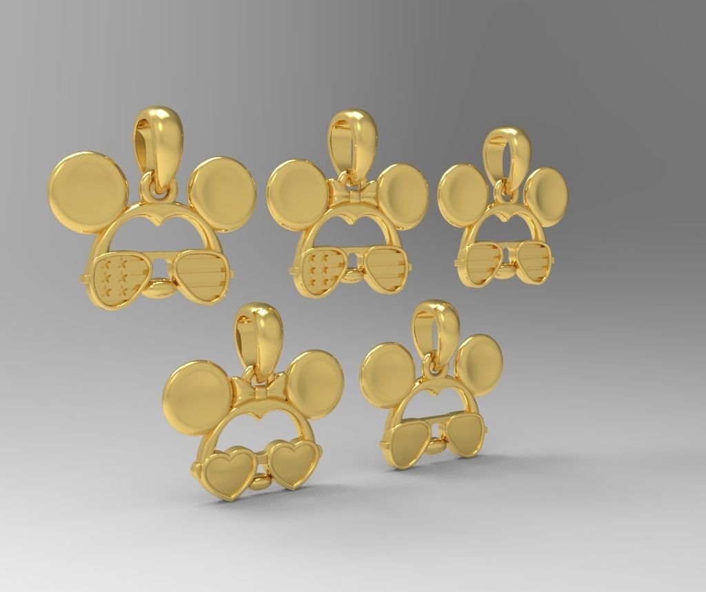 kolye mickey mouse güneş gözlüğü 5 adet set fare altın aşk Gümüş takı sterling mücevher hediye kalp baskı 3dmodel zarif moda lüks trend 3D print model - Mito3D