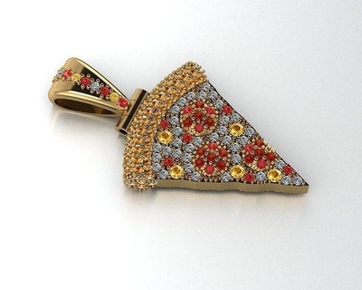 Pizza pendentif or argent pendentifs imprimable bijoux diamant Collier aliments bijou 3d print model - Mito3D