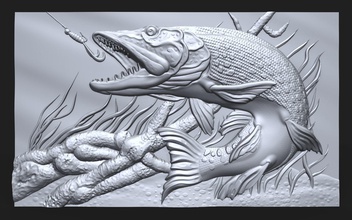 la pesca del luccio bassorilievo cnc art il pesce pescatore hook squama le alghe acqua fiume bas di soccorso scultura stampabile Stampa 3d zbrush lavorazione legno sculture 3d print model - Mito3D
