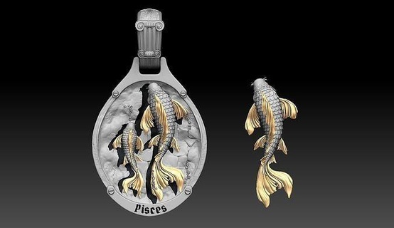 pisces zodiac pendant simbol pattern horoscope astrological sign metal jewel jewelry chain gold necklace star pendants libra fish sea water 3d print model - Mito3D