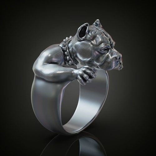 Pitbull Hund Schmuck Ring Männer Hündchen Natur hetzen silber Säugetier Bulldogge Silber Tier Kampf Halsband Ringe 3D print model - Mito3D