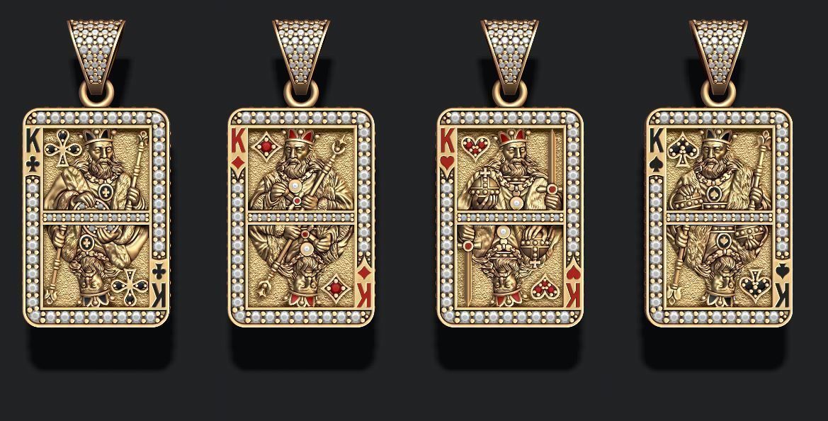 playing cards kings pack set jewelry jack queen king card poker casino game cart kart kard diamond enamel jewellery gold silver necklace spade club heart pendants 3D print model - Mito3D