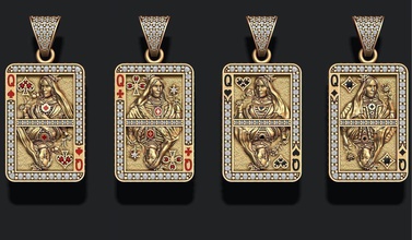 playing cards queen pack set jack king card poker casino game cart kart diamond jewellery gold silver jewelry necklace spade club heart kard pendants 3d print model - Mito3D