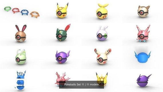 pokebolas conjunto 11 pokebola pokemon impresión juguete concepto Pikachu makuhita furret centrar sneasel goomy corsola celebi sableye spinda pasatiempo bricolaje diy 3d print model - Mito3D
