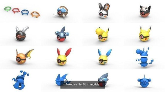 Pokeballs einstellen 5 Pokémon Augen Anime drucken druckbar Pokeball Mamoswein emolga Hund Hunderaum Gabel Pikachu Boss lockig Raichu plusle trinken Hobby DIY 3d print model - Mito3D