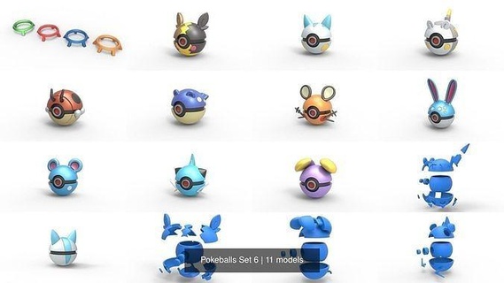 pokeballs impostato 6 Pokemon uovo pokeball Stampa stampabile whismur Dewott azzurro azumarill dedenne spheal suppongo togedemaru pachirisu morpeko passatempo Fai 3d print model - Mito3D