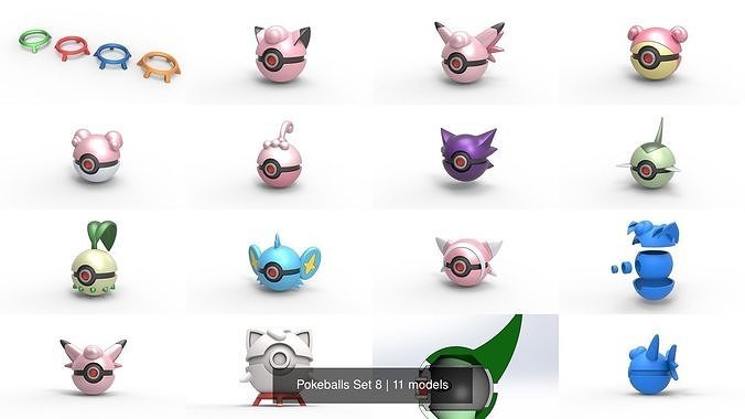 pokebolas conjunto 8 pokemon juguete pokebola concepto clefairy clefable perezoso felicidad feliz perseguidor axew chikorita Shinx estupendo pasatiempo bricolaje diy 3D print model - Mito3D