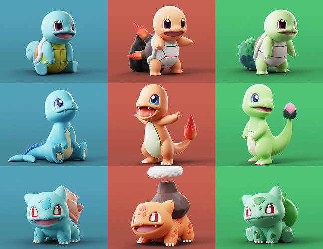 pokemon - starters stylized printable 3d character fantasy house decoration statue cartoon unique art sculptures pikachu bulbasaur anime charmander squirtle toy charizrad 3D print model - Mito3D