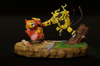 pokémon batalha diorama magmortar vs eletivir stl weedle estátua rpg escultura nintendo jogos brinquedos 3d print model - Mito3D