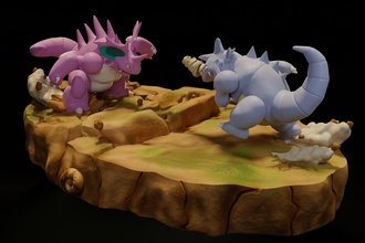 pokémon bataille diorama nidoking vs gué statue sculpture stl rpg nintendo jeux jouets 3d print model - Mito3D