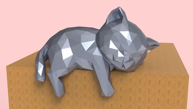 poli uykulu kedi yavrusu dekor dekorasyon şirin oyuncak hayvan tırmanış kabine ev düşük çokgen şık 3d print model - Mito3D