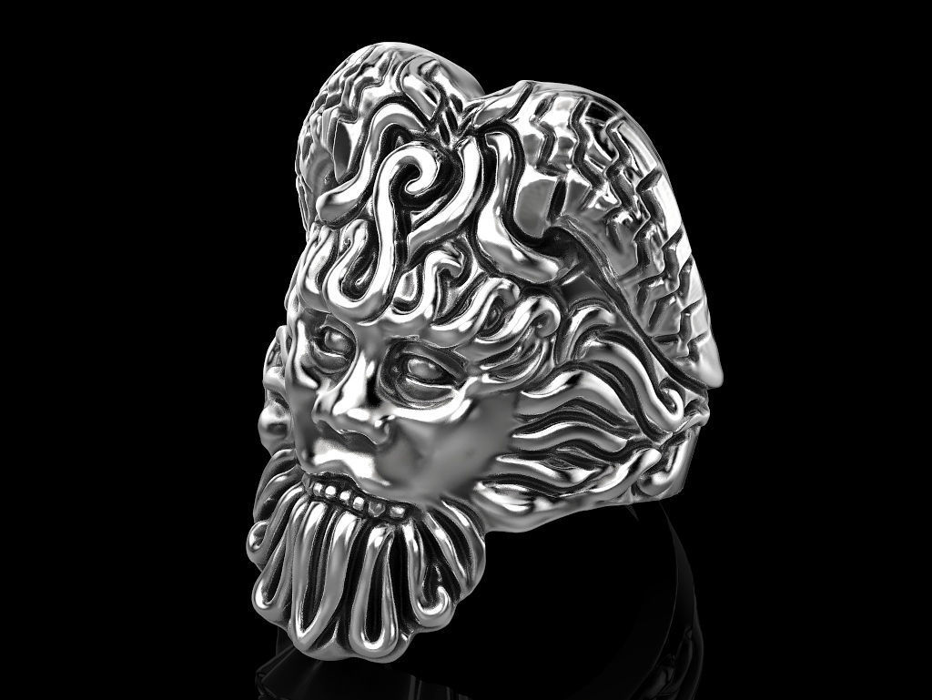 poseidon ring hörner bart schmuck drucken 3dprinted druckbar ringe design juwel golden drucken gold prototyp entwickeln silber biker 3D print model - Mito3D