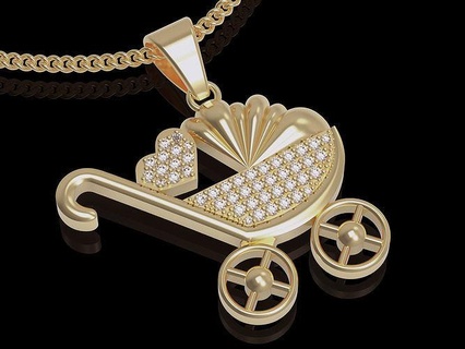 pram pendant gold printable jewelry 3d model baby carriage cradle infant perambulator love valentine silver sterling gem diamond wagon mom pendants 3d print model - Mito3D