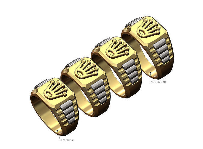 presidential link rolex logo square signet ring us sizes 7to10 ring rolex watch signet square jewelry gold silver printable logo rolex crown gents men bling fluted presidential link luxury 3d model 3d printable jewellery rings  3D print model - Mito3D