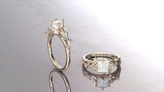 Princesa cortar folha videiras anel joalheria ouro diamante prata jóias noivado gema brilhante Casamento cafajeste Projeto platina imprimível argolas moda beleza 3d print model - Mito3D