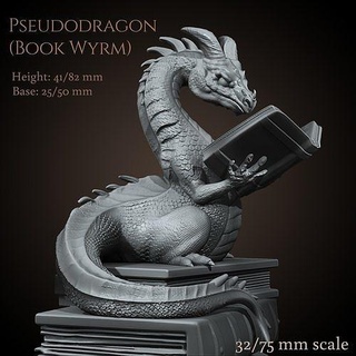 pseudodragon book wyrm small little dragon presudodragon creature familiar pet companion miniature tabletop dnd 32mm 75mm presupported printable art sculptures 3d print model - Mito3D