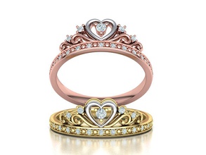 queens crown ring princess 3dmodel jewelry precious queen heart tiara women fashion diamond ruby emerald printable usa canada europe gold delicate rings 3d print model - Mito3D