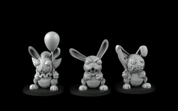 rabbits three rabbit figurines horror evil cartoon jack it clown hokey demon fun crosslances balloon mcdonald terrific terror atrocity horrifyng bunny warner games toys 3d print model - Mito3D