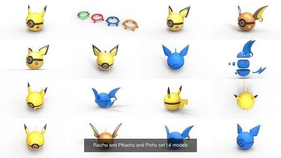 raichu Pikachu pichu conjunto pokebola pokemon impresión imprimible juguete estante soporte pasatiempo bricolaje diy 3d print model - Mito3D