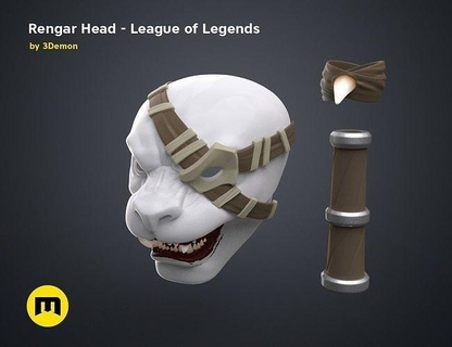 rengar cabeza liga leyendas jajaja jungla asesino moba línea videojuego multijugador Tigre león máscara parche ojo cosplay peludo Moda 3d print model - Mito3D