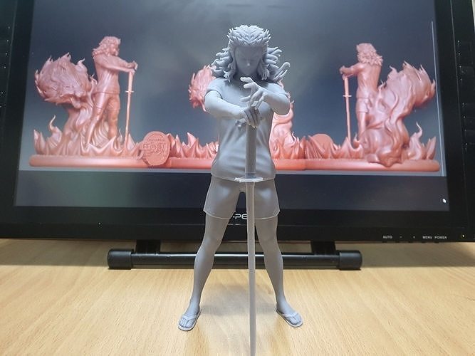 rengoku statua of anime carattere tenendo spada manga giocattoli oggetti collezione kyoujurou demone assassino figura zenitsu tanjiro nezuko kimetsu yaiba giochi 3D print model - Mito3D