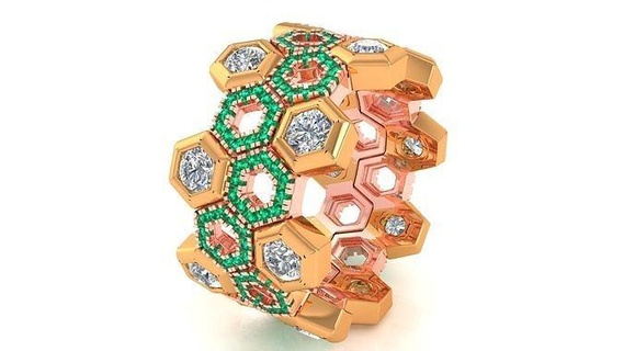 bague 3539 anneaux cocktail bijoux imprimable diamant gemme luxe engagement mariage or brillant précieux sterling abeilles hexagonal 3d print model - Mito3D