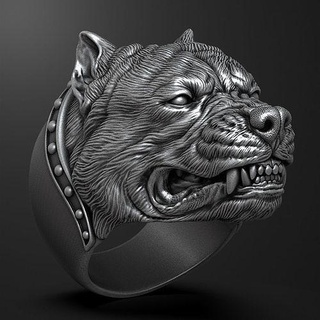 ring angry pitbull head animal pet dog bulldog terrier sculptures dogangry angrydog jewel jewellery printable silver jewelry rings 3d print model - Mito3D