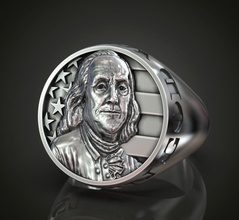 ring benjamin franklin usa flag ben president united states america founding fathers stars stripes dollar bill hundred signet silver jewelry rings 3d print model - Mito3D