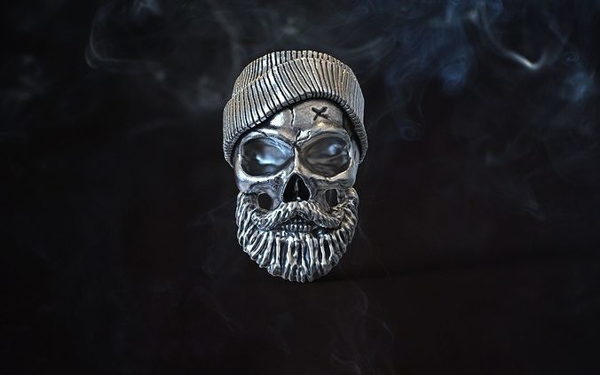 squillare motociclista cranio cappello barba argento stampabile oro arte 3d modello platino design viso uomo Stampa pronto gioielleria anelli 3D print model - Mito3D
