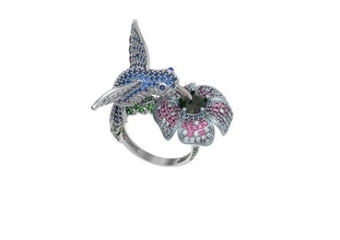 squillare uccello fiore pietre gioielleria lusso colibrì 3d Stampa modello boucheron zaffiro progettista gemma argento sterlina gioiello nozze anelli 3d print model - Mito3D