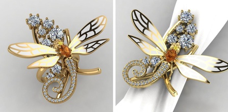 anel de libélula jóias damselfly inseto ouro gemas anéis 3d print model - Mito3D