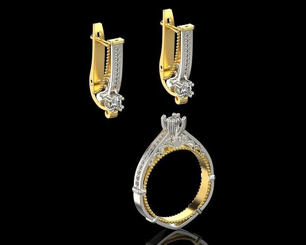 ring earrings set n80 gold original stylish jewelry wedding printable diamond jewelery 3dmodel 3dprint engagement diamonds jewelryset weddingset engagementset ringandearing 3D print model - Mito3D