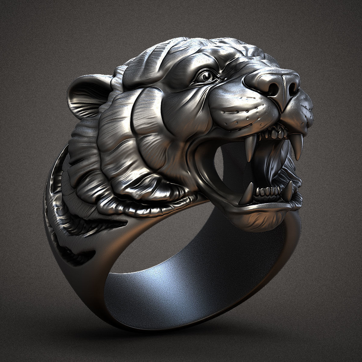 ring head of a tiger jewel jewellery jewelry nature printable silver cat mammal lioness leopard puma tigress rings 3D print model - Mito3D