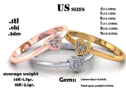 ring heart 3 diamonds 004ct 6 us sizes gold golden woman gem diamond prototyping 3dprinted design printable printing jewellry wedding love queen milling princess engagement several jewelry rings 3d print model - Mito3D