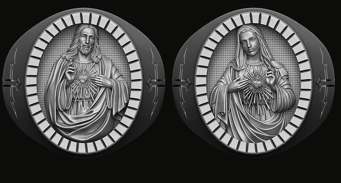 Ring Jesus Maria heilig Herz Kunst Heilige Skulptur Christentum Kreuz Religion Schmuck Ringe Objekt Katholizismus Statue Bibel Christian Jungfrau Design Gold Silber 3D print model - Mito3D