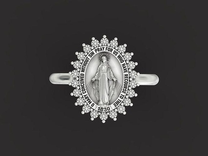 ring mary mother god miraculous medal words hollow oval jewelry religious virgin jade jungfrau maria gold silver diamond rings 3d print model - Mito3D