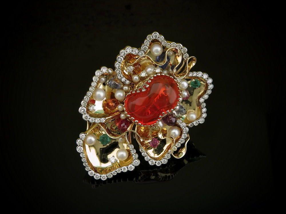 bague opale diamants diamant argent imprimable luxe bijoux platine bijou or exclusif anneaux élégant conception rouge grille ajouré 3D print model - Mito3D