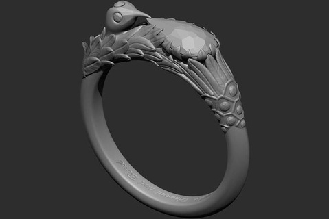 ring print bird feathers head eyes diamonds engraving printable engraver silver jewelry rings 3d print model - Mito3D