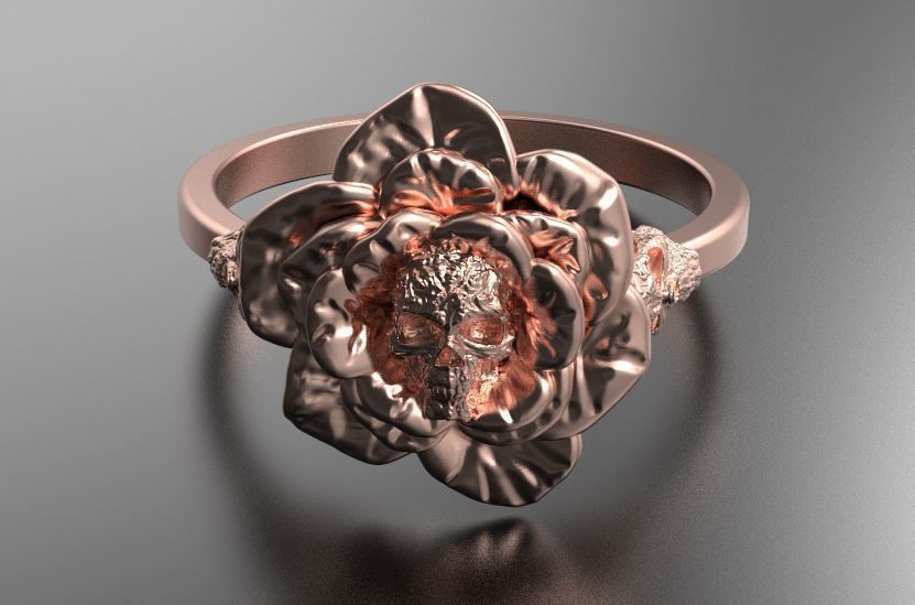 anillo rosa calaveras cráneo flor motociclista floral joyería flora joya plata esqueleto muerto muertos ornamento planta maceta elemento naturaleza zombi oro anillos 3D print model - Mito3D