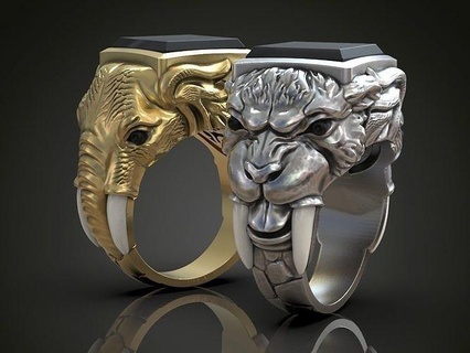 anillo dientes sable Tigre elefante ónix joya negro colmillo diente salvaje animales antiguo depredador animal joyería anillos 3d print model - Mito3D