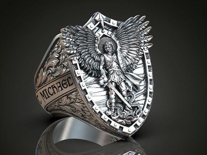 anel santo arcanjo Michael Dragão asas inscrição masculino prata oxidado sinete mito joalheria argolas homens religioso imprimível ouro 3d print model - Mito3D