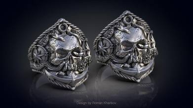 ring skull at anchor 3d model printing jewellery jewelry jewelri rings biker skullring sailor rose of wind marine jewel pirate fashion 3d print model - Mito3D