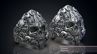 anillo cráneo biomecánica victoriano stl 3d modelo impresión extraterrestre motociclista giger joyería joya anillos calavera anular plata steampunk fantasía ficticio criatura 3d print model - Mito3D