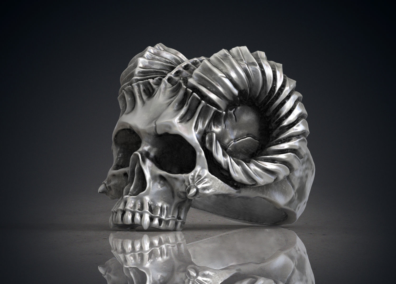 yüzük kafatası boynuzlu iblis stl obj 3d model baskı yüzükler arka plan programı boynuz şeytan bisikletçi kafatasları kemik takı 3dprint mücevher 3D print model - Mito3D
