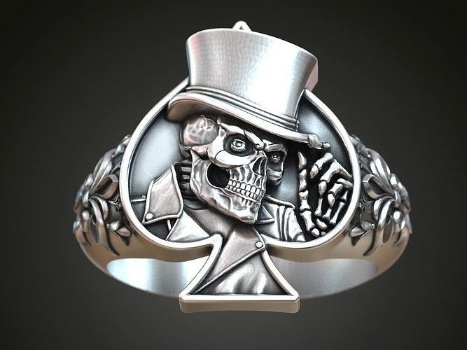 anillo cráneo jugando tarjeta espadas sombrero póker casino tarjetas joyería joya plata hombres anillos 3D print model - Mito3D