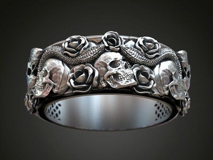 squillare teschi Rose vipera serpente motociclista paio anelli promettere nozze gruppo musicale gioiello argento gioielleria cranio 3d print model - Mito3D