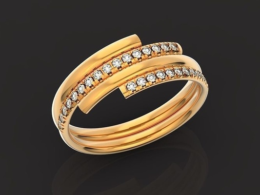 ring three row 1025 gold jewelry diamond wedding engagement two strips stones woman original classic evening stylish trendy elegant graceful rings 3d print model - Mito3D