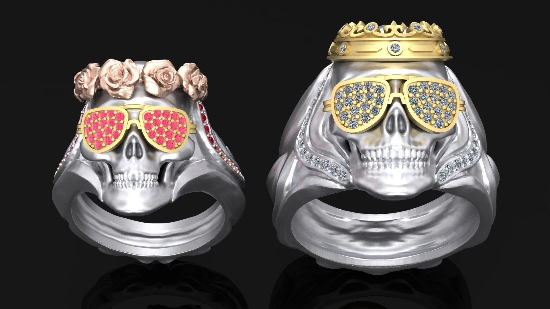 argolas casal caveiras joalheria ouro luxo crânio casamento rainha rei imprimível diamante anel platina brilhante coroa jóia romance óculos diamantes rosas 3D print model - Mito3D